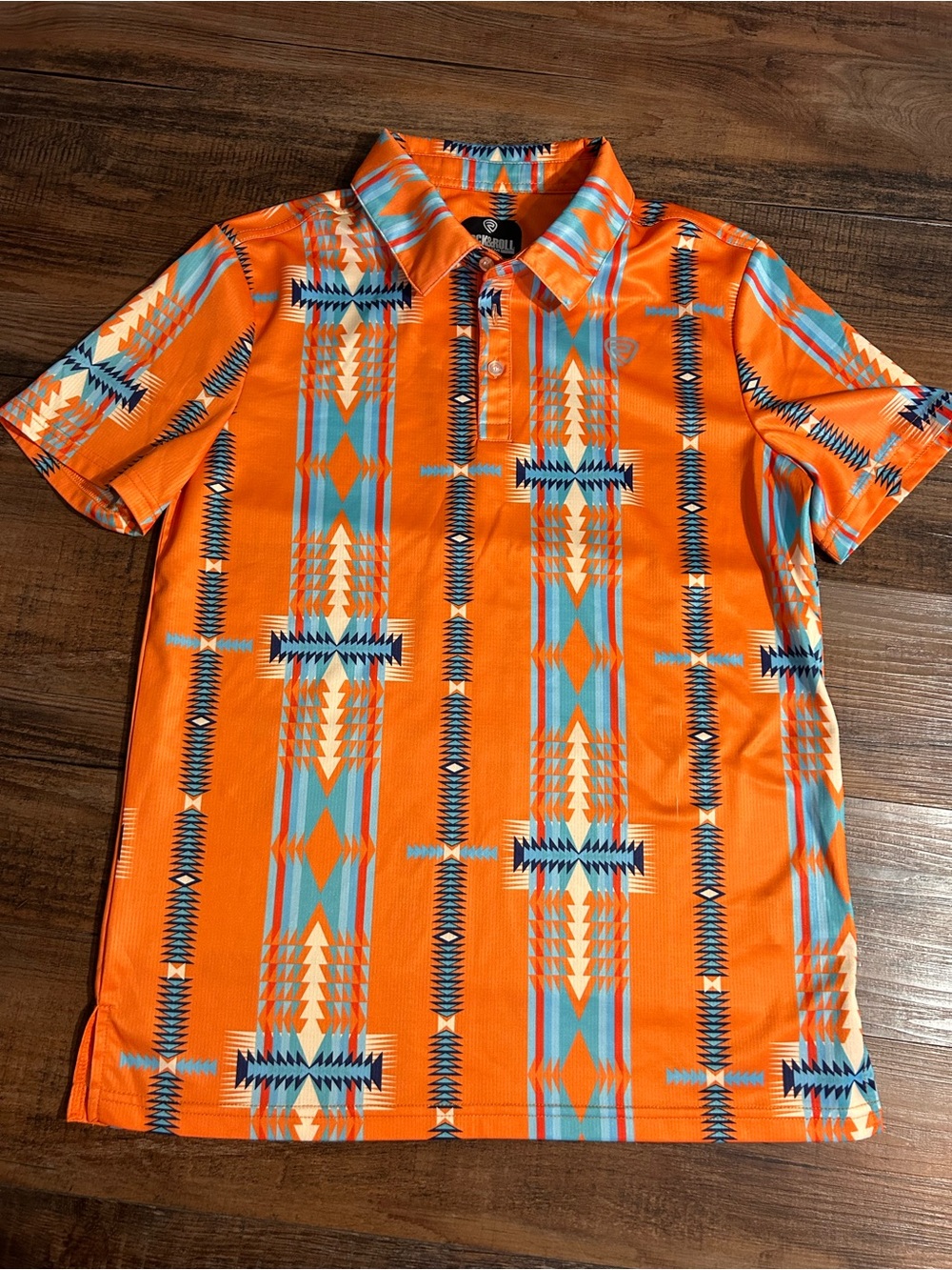 Rock & Roll Denim Men's Orange Western Aztec Print Polo Shirt Sz S